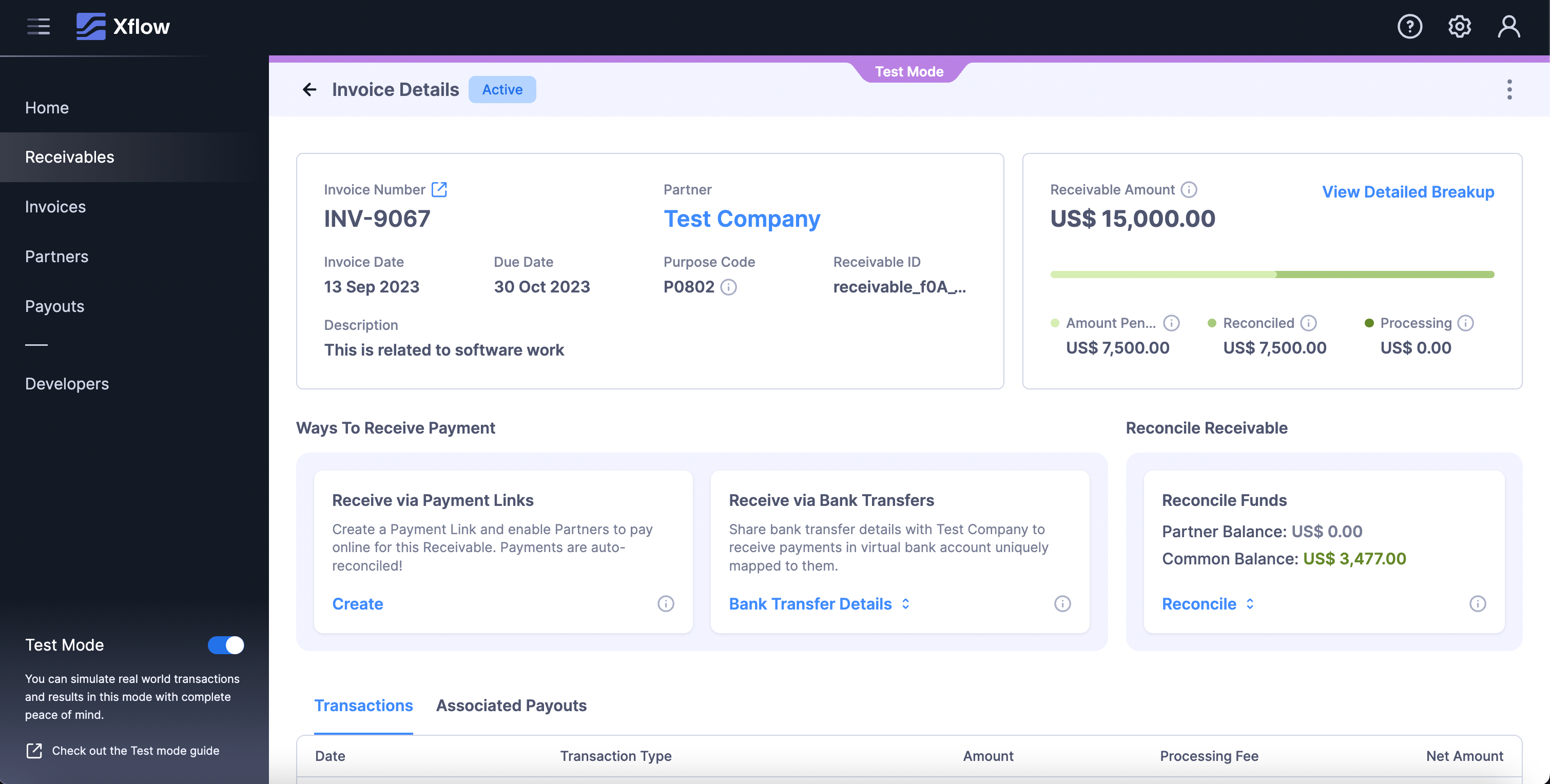 Dashboard:Receivable Details Page